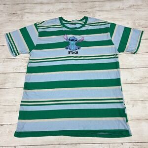 Disney T-Shirt Mens Large Green Blue Lilo & Stitch Striped Embroidered SS Tee
